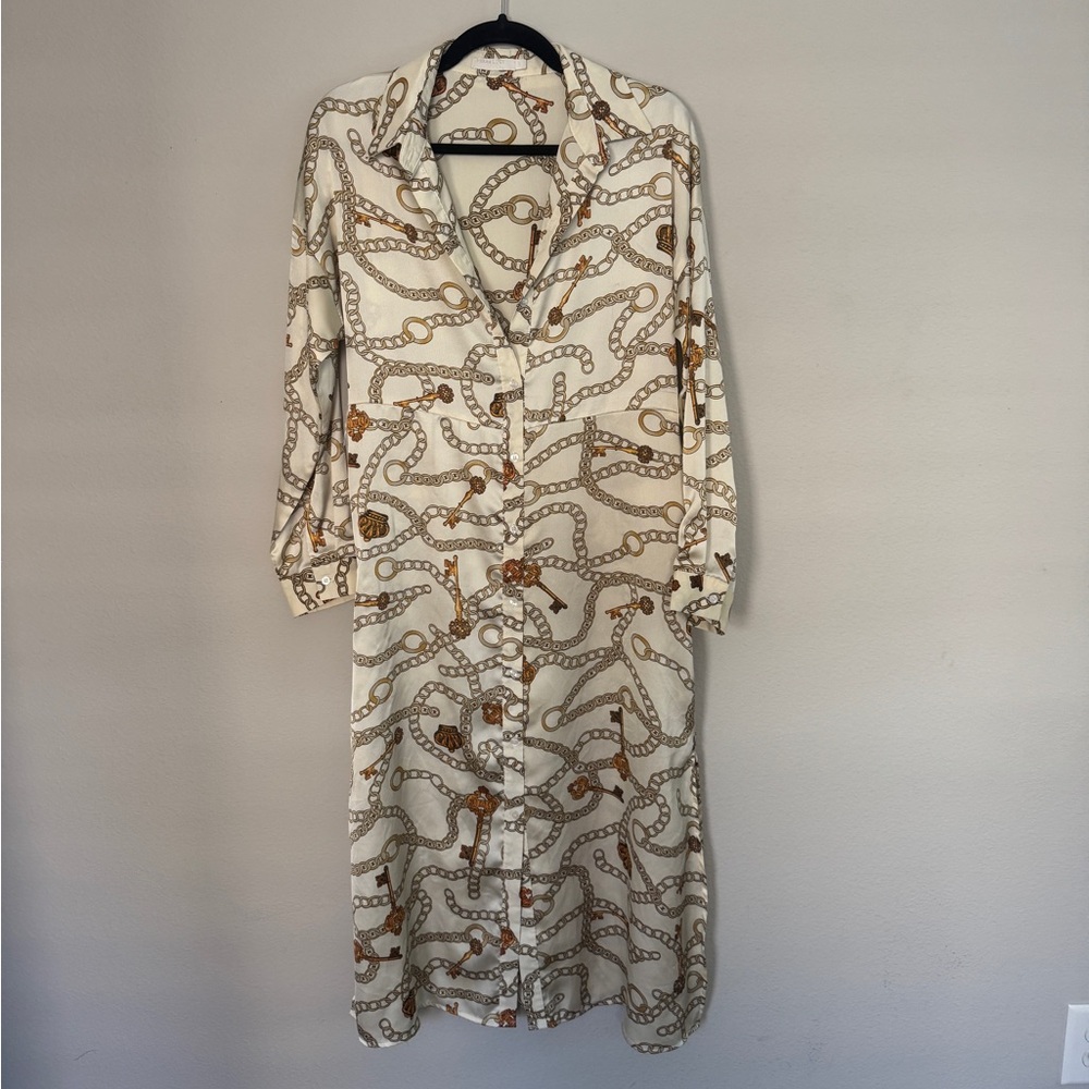 Versace Style Satin Long Sleeve Crown & Chain Print Cream Dress